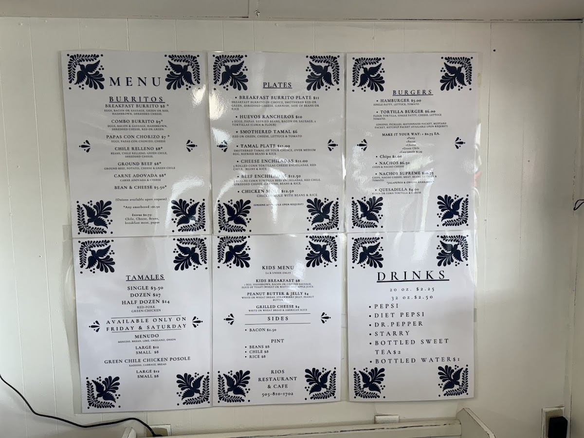 Rios Restaurant & Café menu board