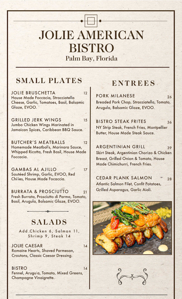Jolie American Bistro Restaurant menu board