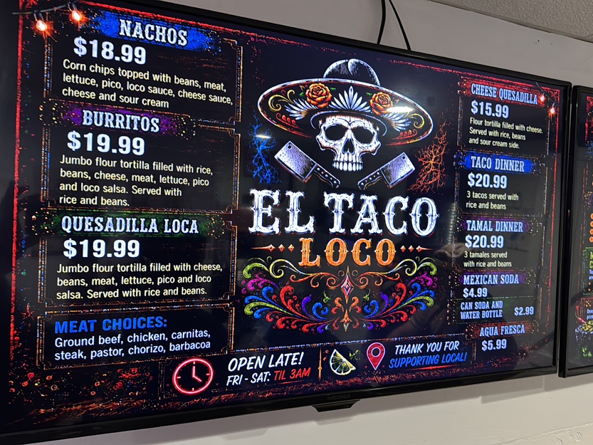El Taco Loco menu board