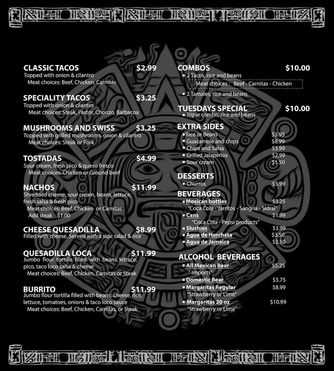 El Taco Loco menu board