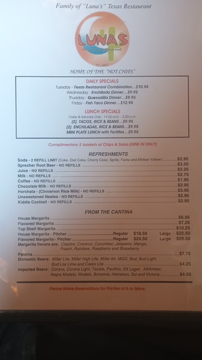 Luna's Mexican Restaurant menu board