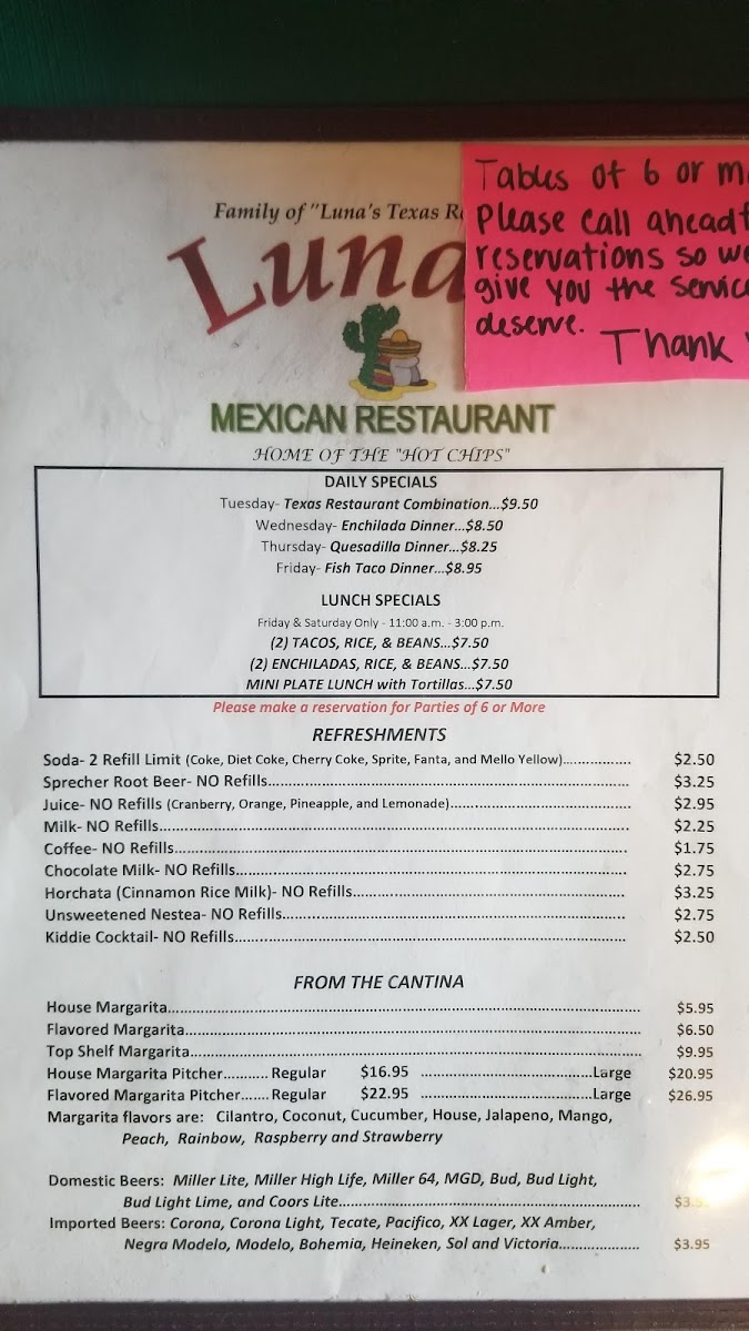 Luna's Mexican Restaurant menu board