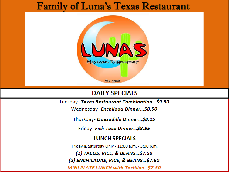 Luna's Mexican Restaurant menu board