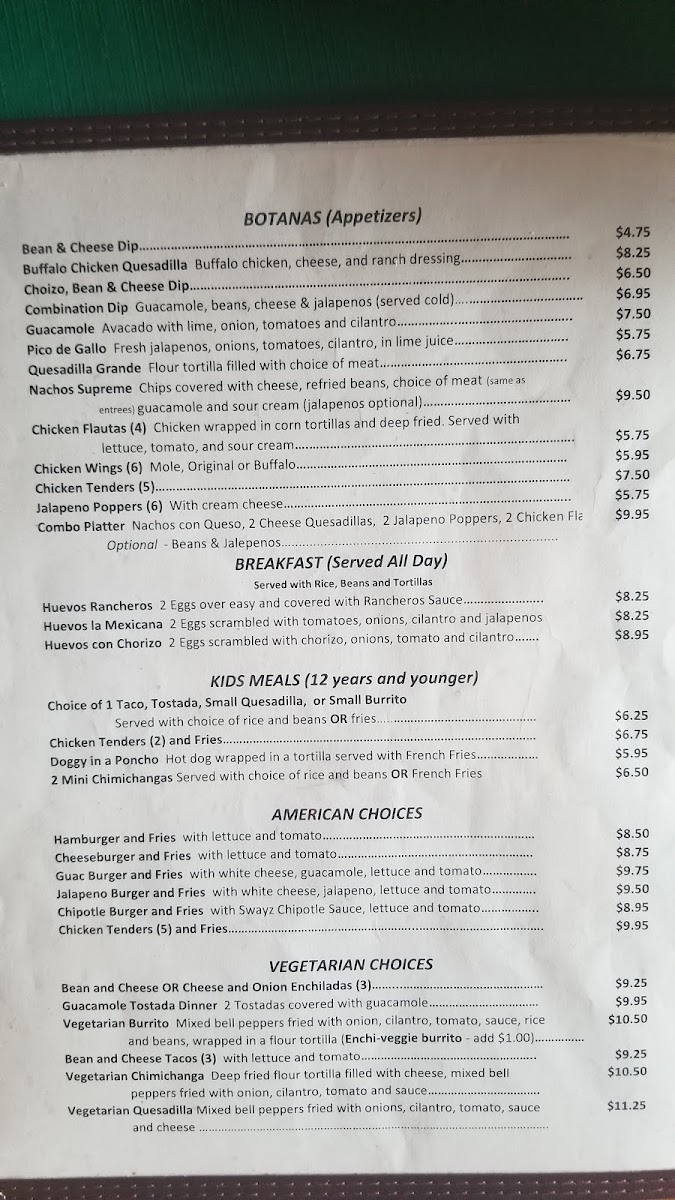 Luna's Mexican Restaurant menu board
