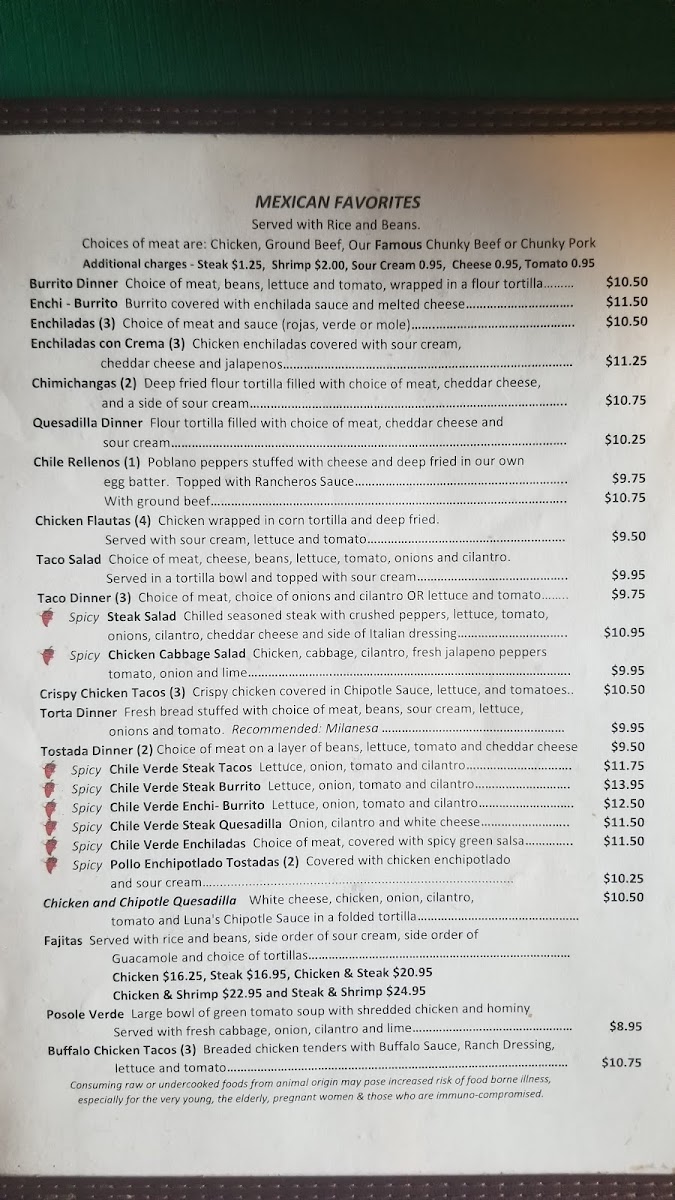 Luna's Mexican Restaurant menu board