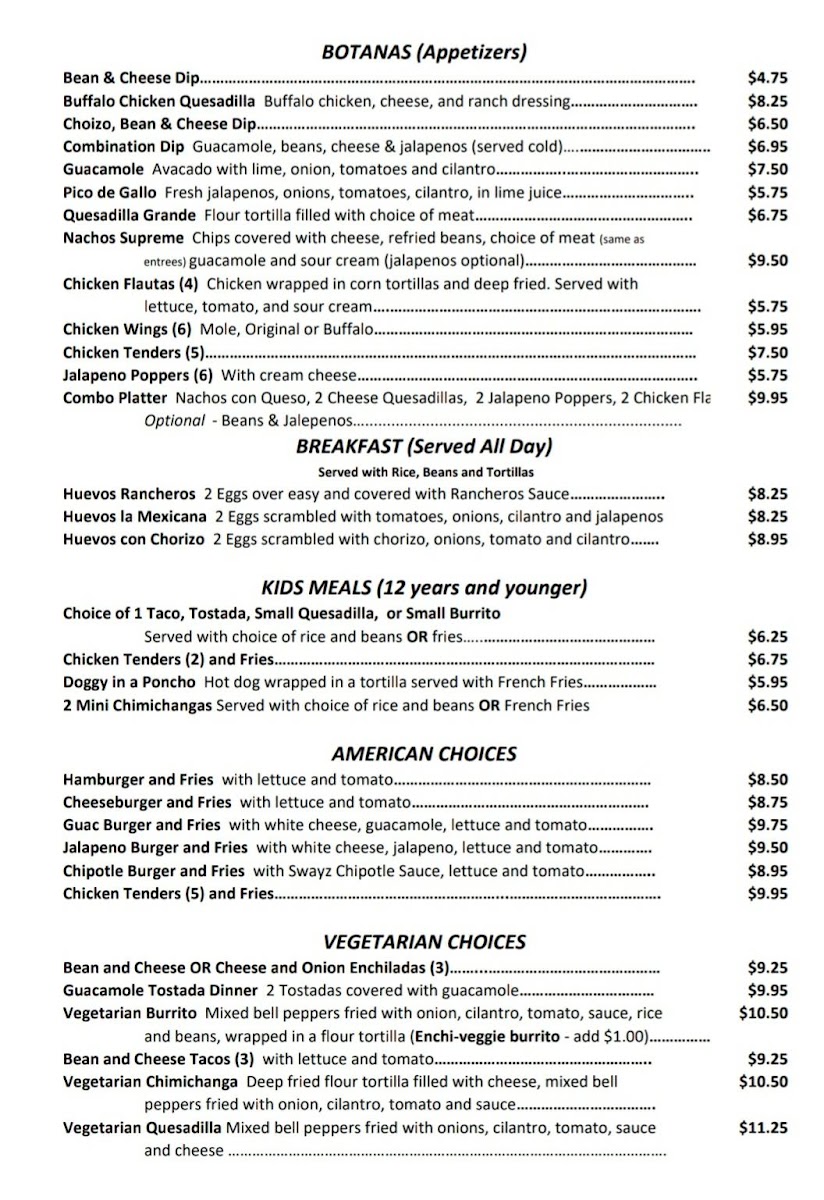 Luna's Mexican Restaurant menu board