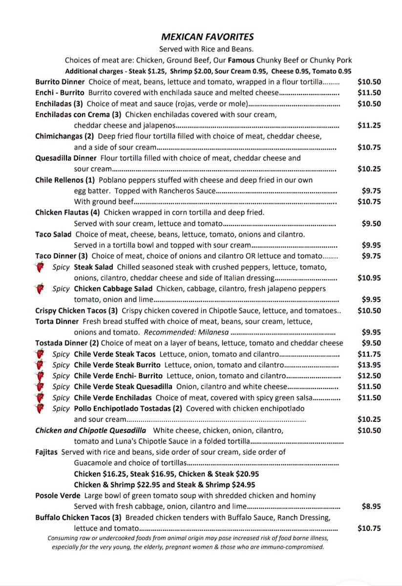 Luna's Mexican Restaurant menu board