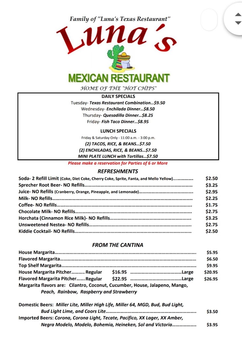 Luna's Mexican Restaurant menu board