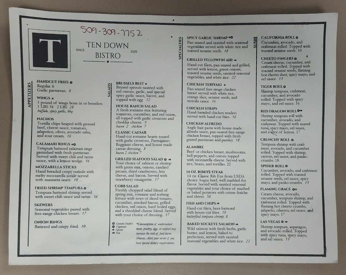 Ten Down Bistro menu board