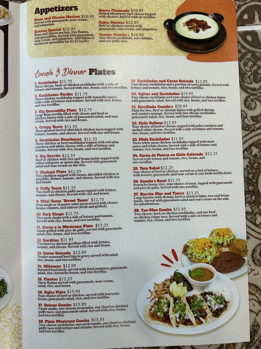 Camila's Mexican Restaurant - Bulverde Road menu board