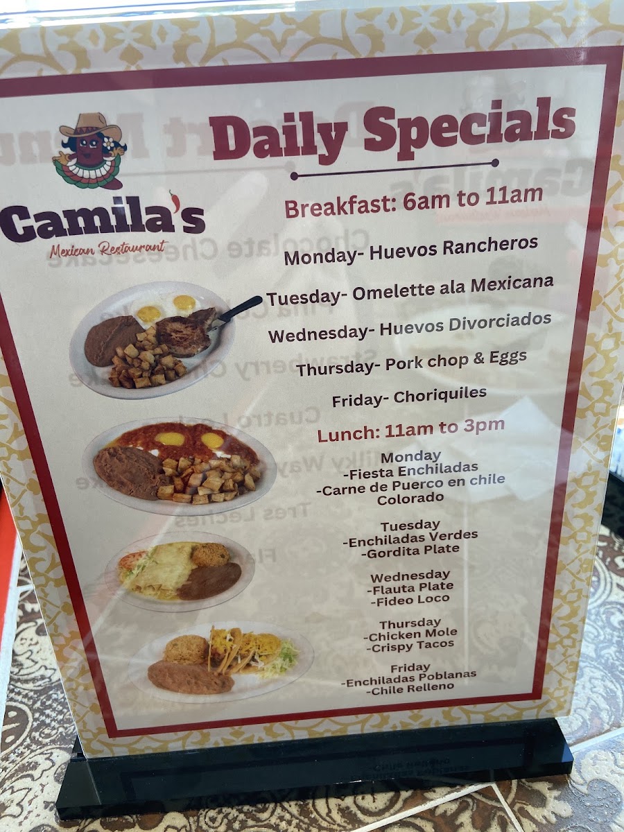 Camila's Mexican Restaurant - Bulverde Road menu board