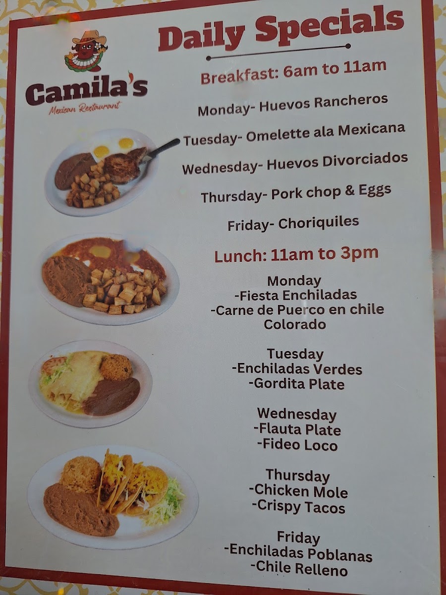Camila's Mexican Restaurant - Bulverde Road menu board