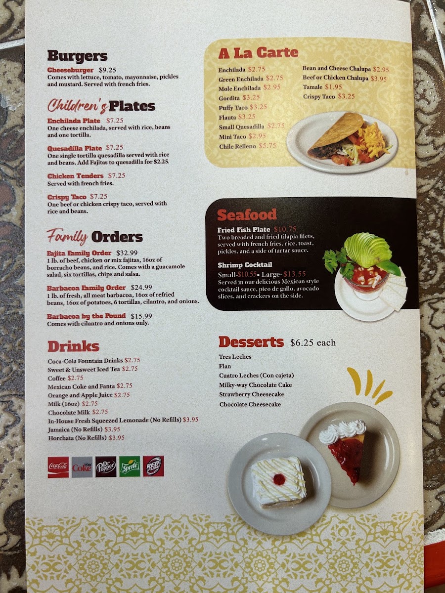 Camila's Mexican Restaurant - Bulverde Road menu board