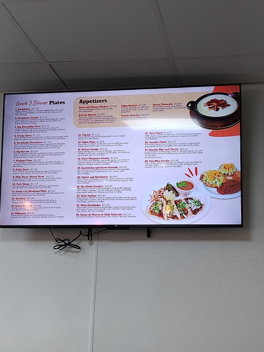 Camila's Mexican Restaurant - Bulverde Road menu board