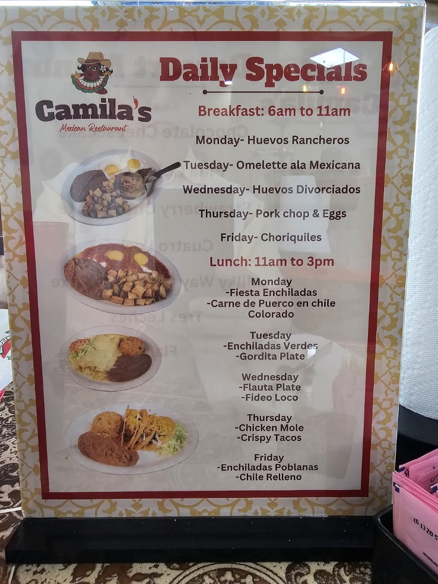 Camila's Mexican Restaurant - Bulverde Road menu board