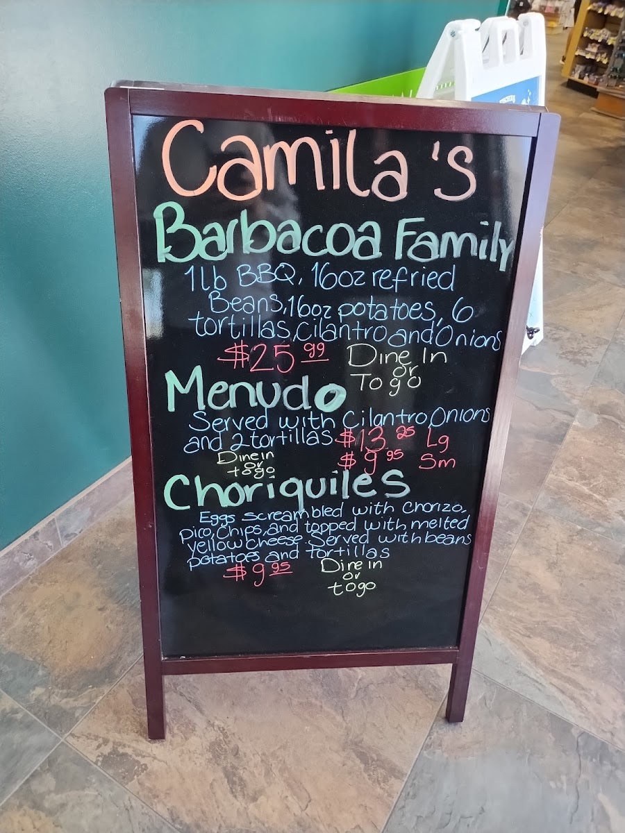 Camila's Mexican Restaurant - Bulverde Road menu board