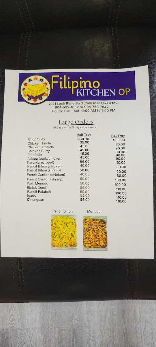 Filipino Kitchen OP menu board