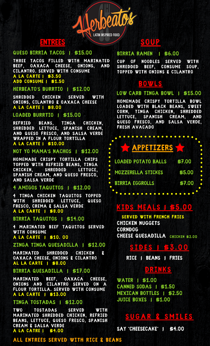 Herbeato's menu board