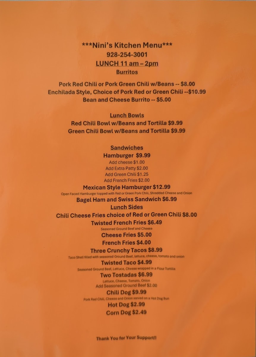 Nini's Kitchen menu board