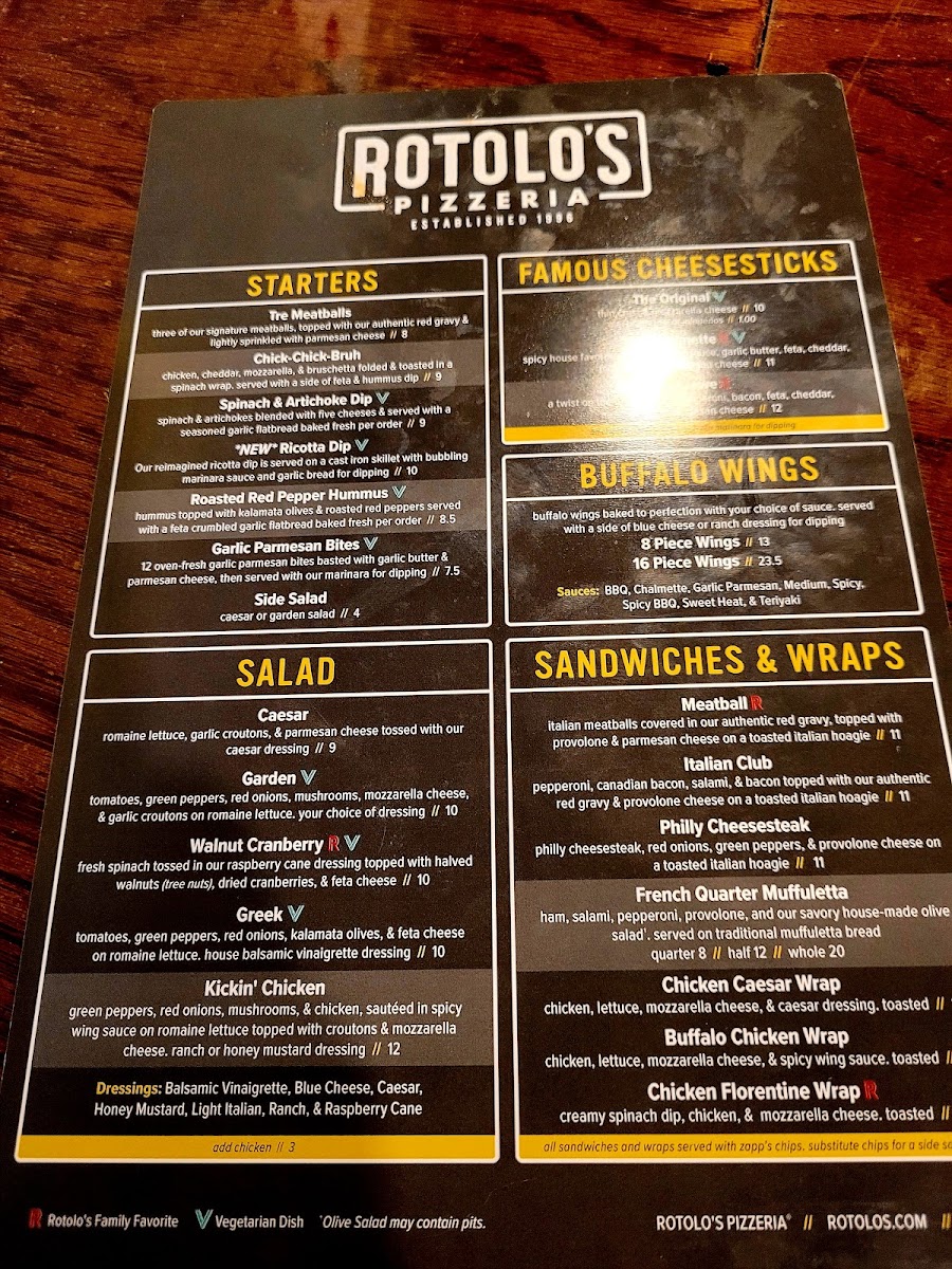 Rotolo's Pizzeria menu board