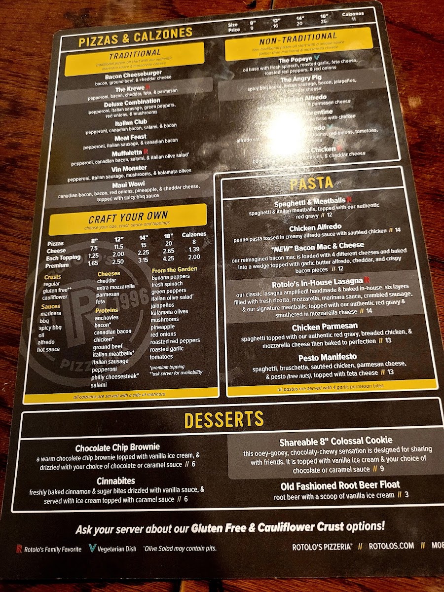 Rotolo's Pizzeria menu board