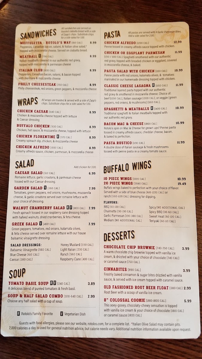 Rotolo's Pizzeria menu board