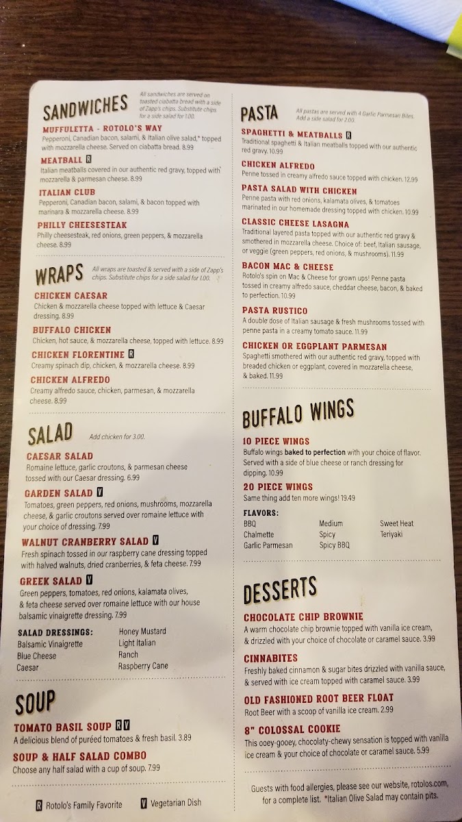 Rotolo's Pizzeria menu board