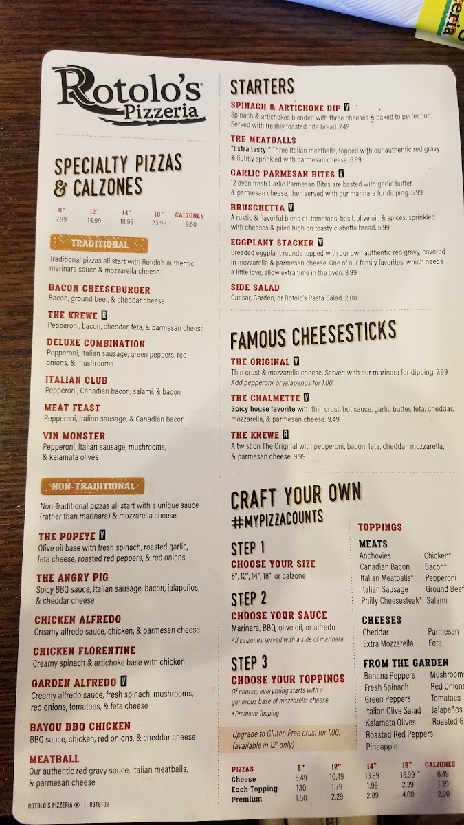 Rotolo's Pizzeria menu board