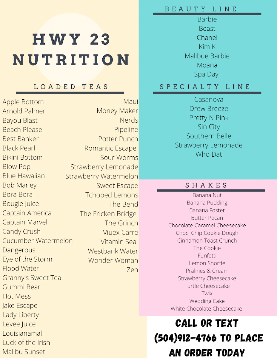 HWY 23 Nutrition menu board