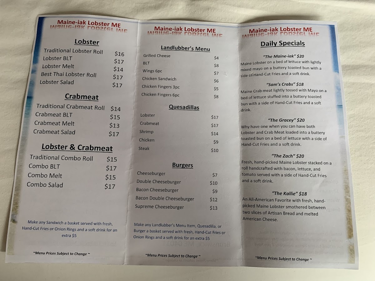 Maine-iak Lobster menu board