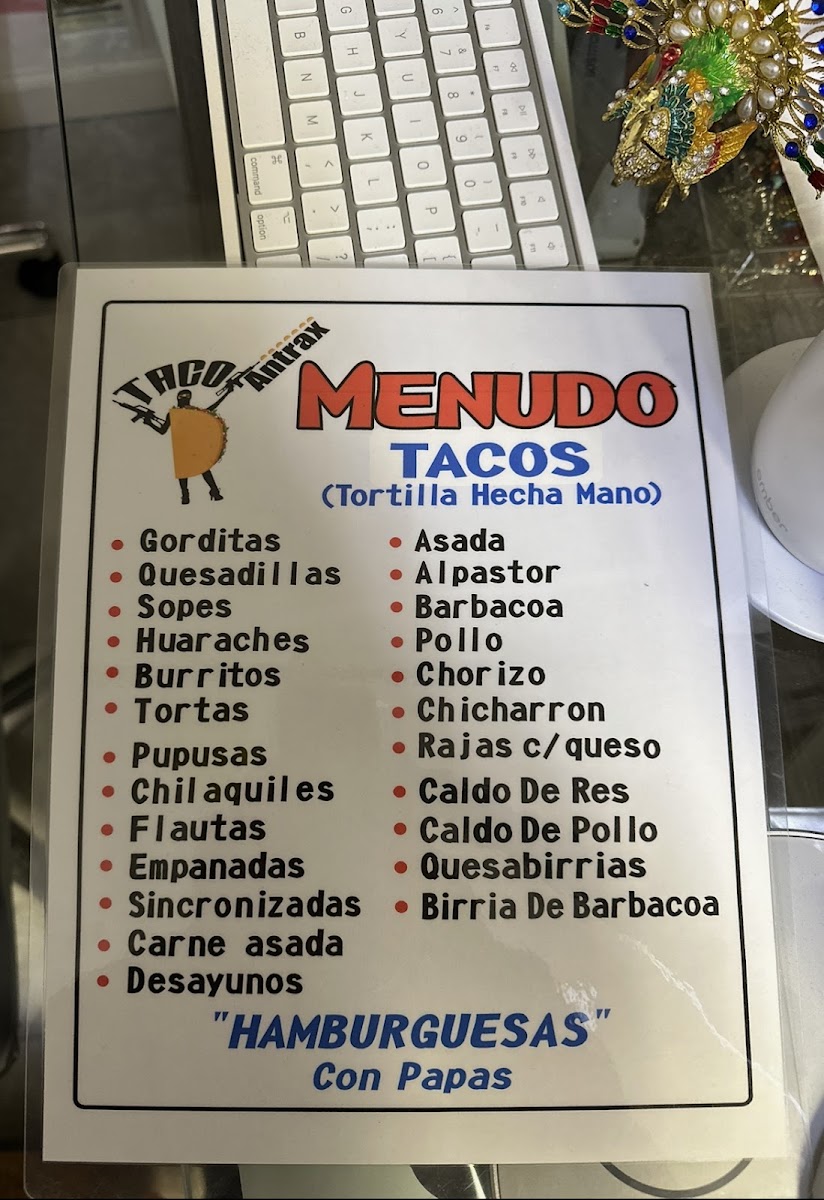 TACO ANTRAX menu board