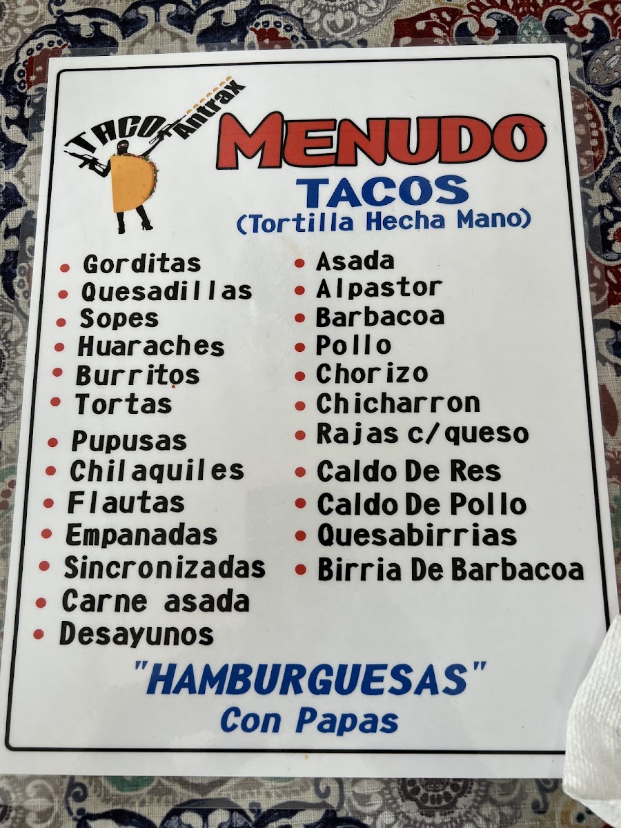 TACO ANTRAX menu board