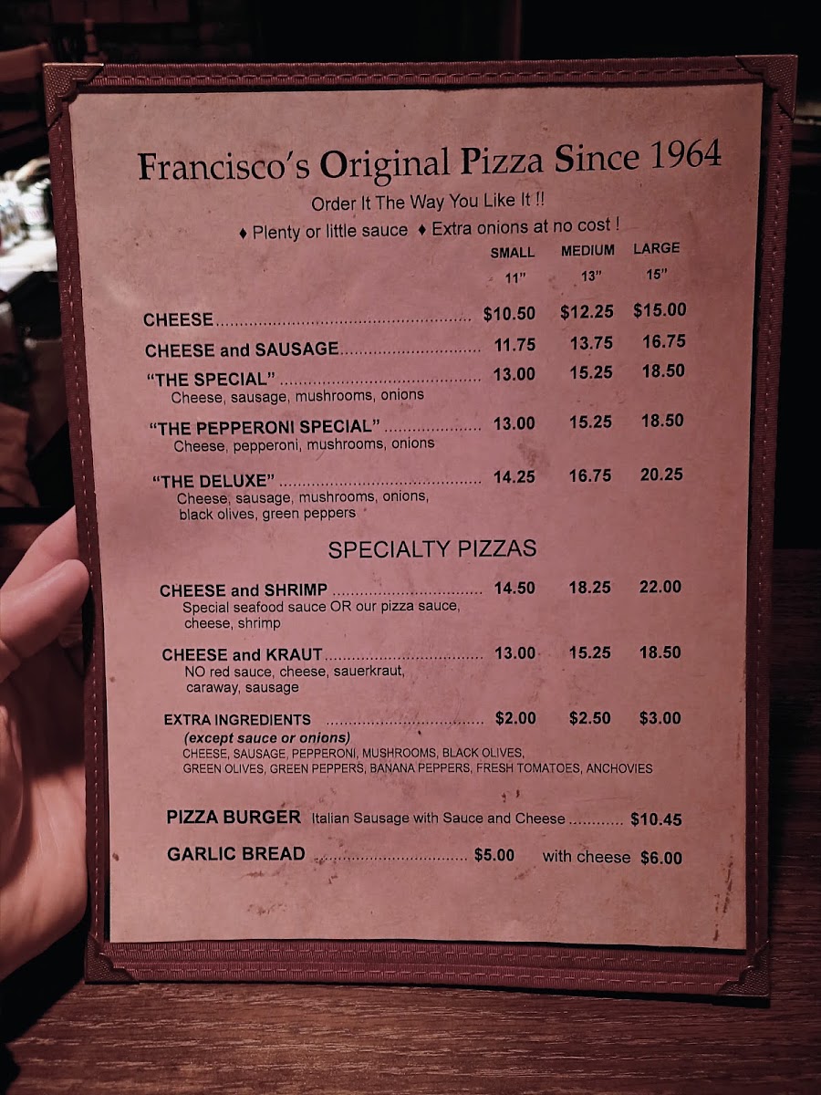 Francisco's Pizza menu board