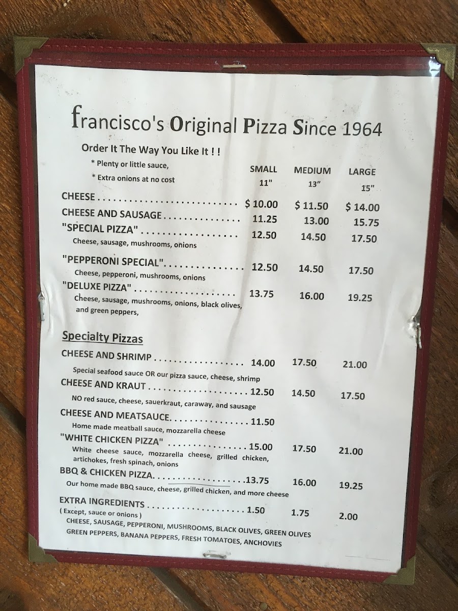 Francisco's Pizza menu board