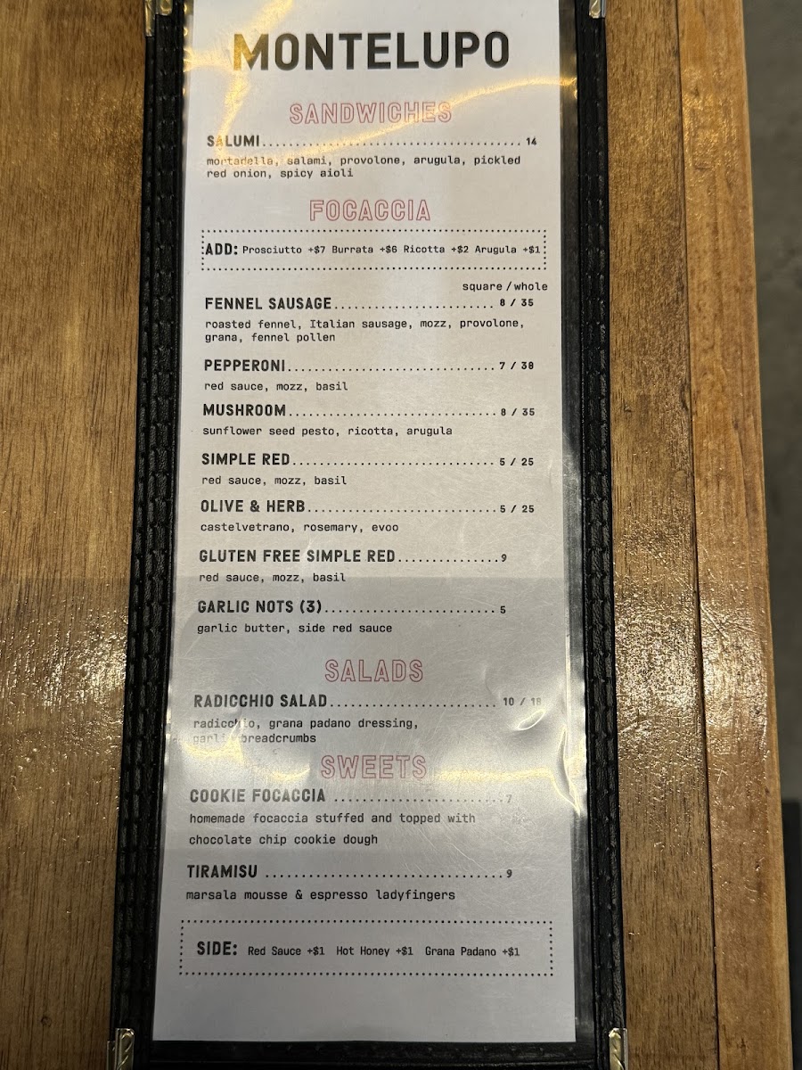 The Focacceria by Montelupo menu board