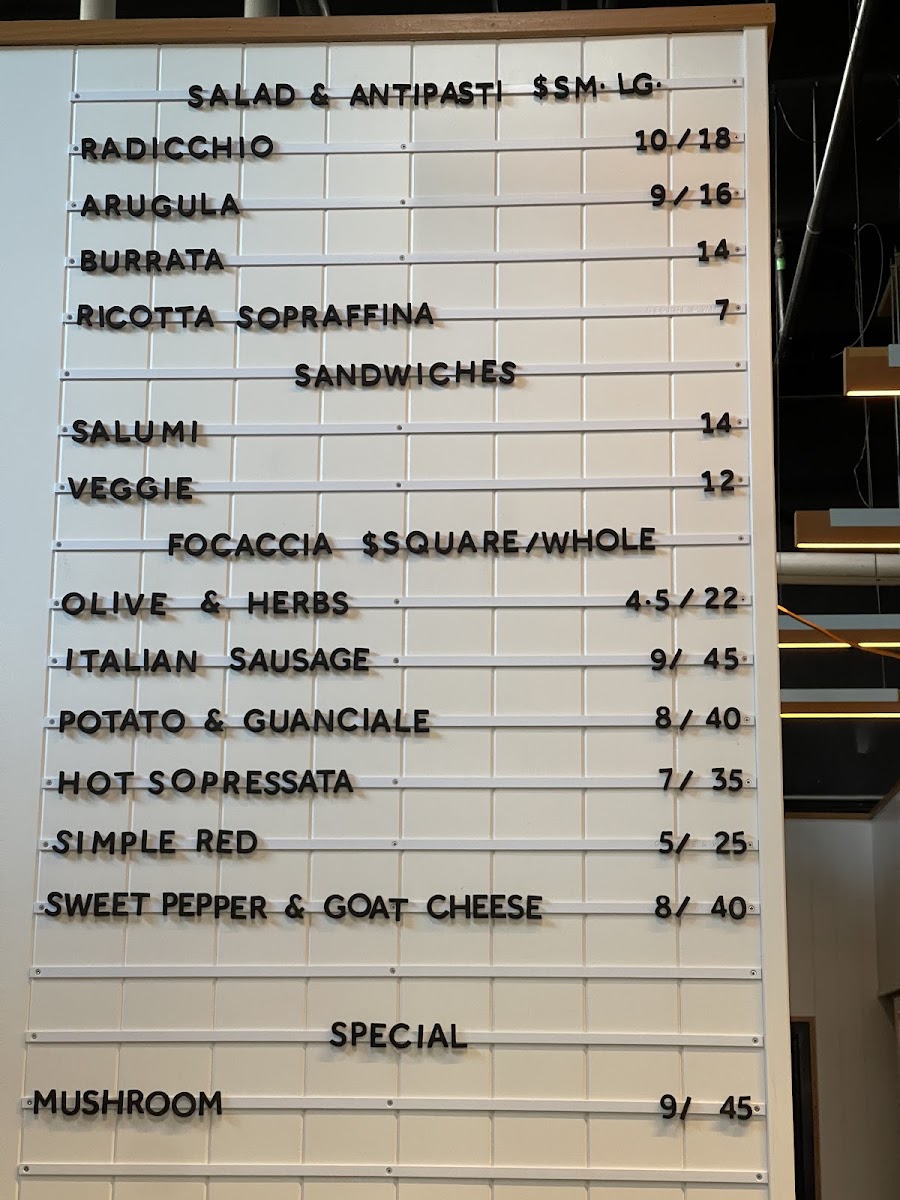 The Focacceria by Montelupo menu board