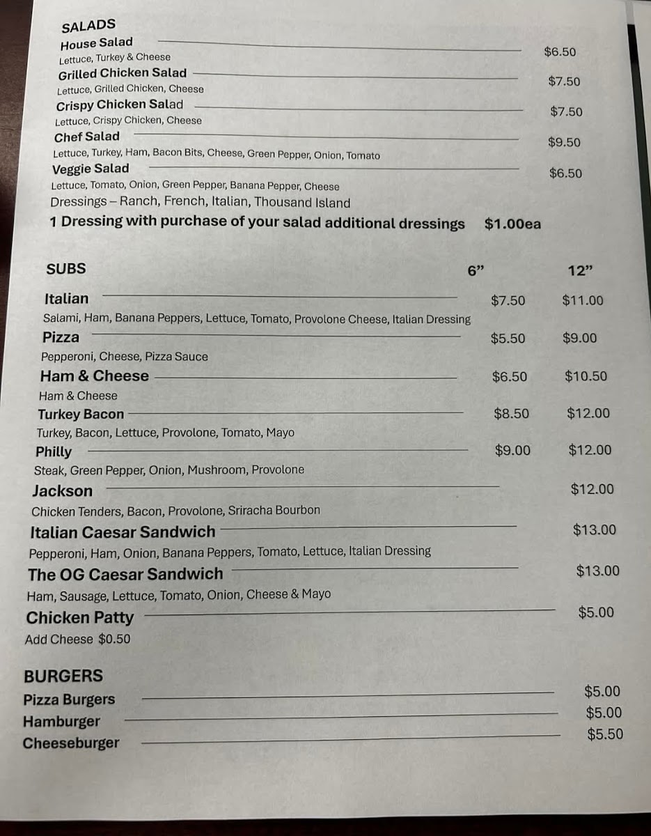 Dunns pizza menu board