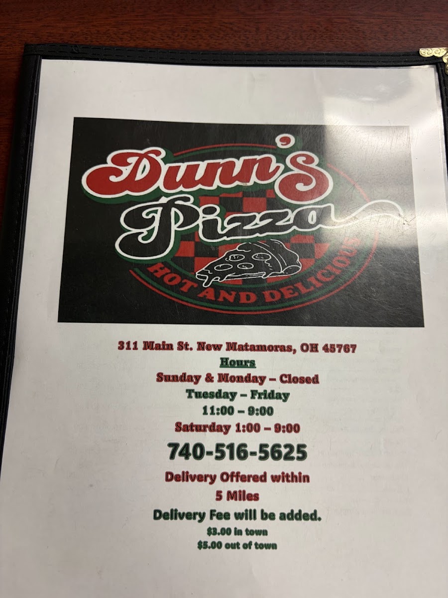 Dunns pizza menu board