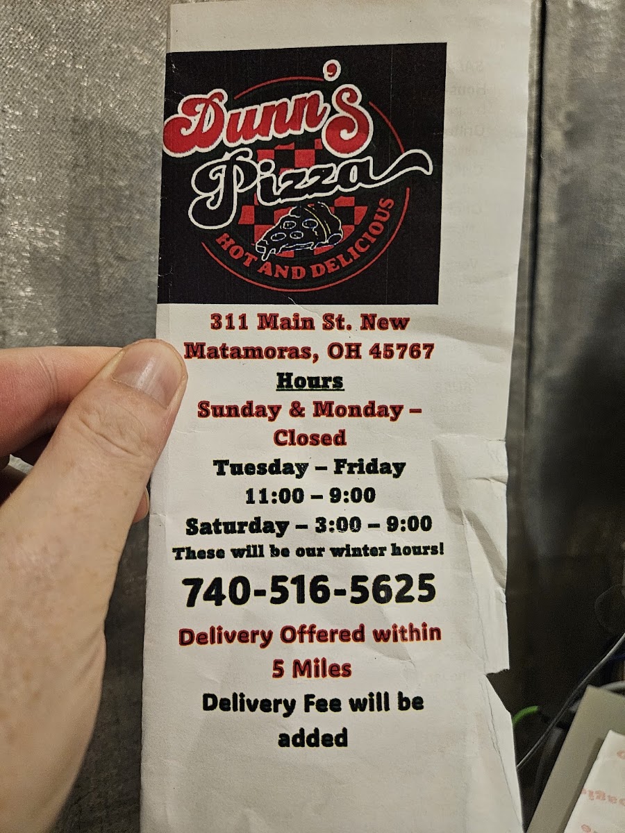 Dunns pizza menu board