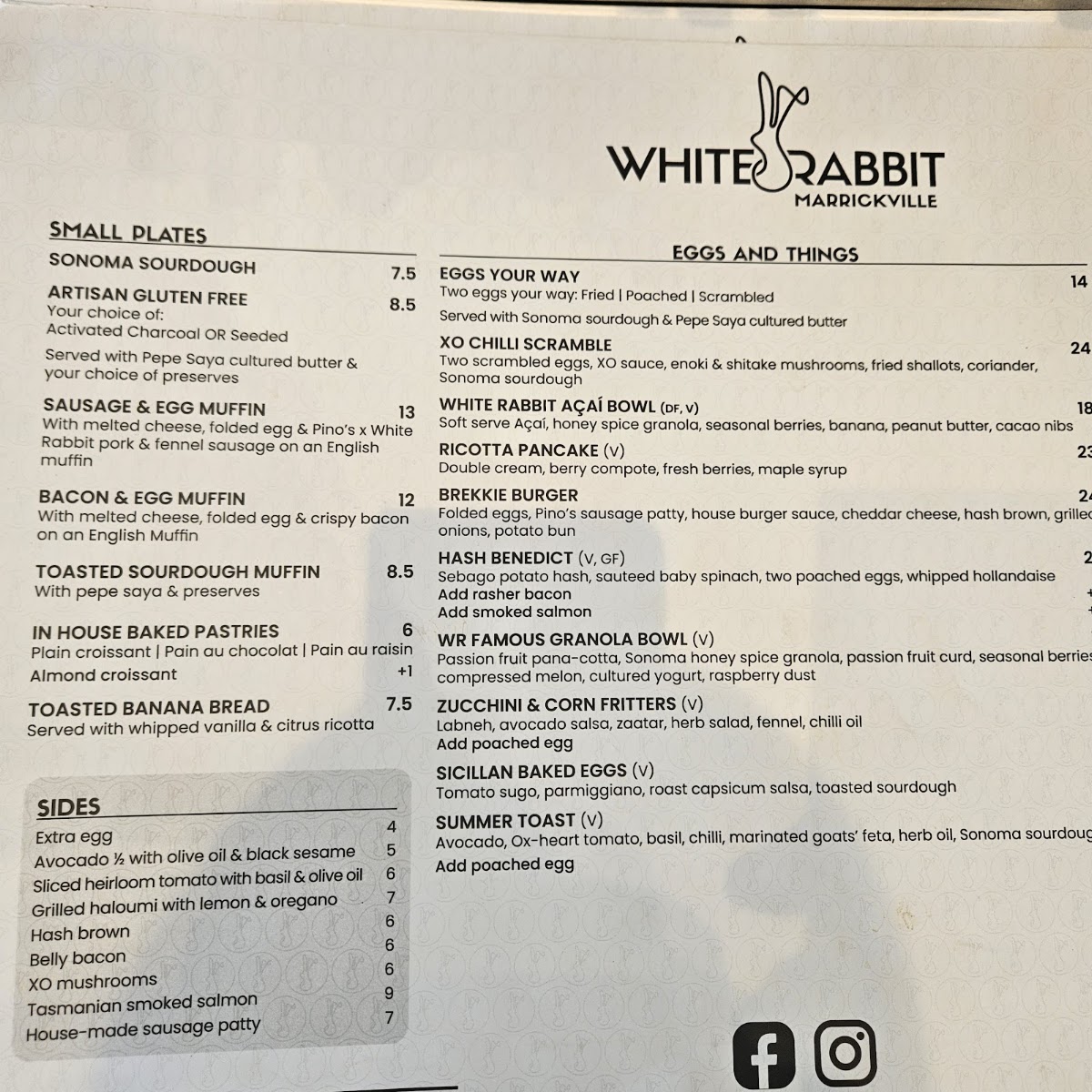 White Rabbit Marrickville menu board