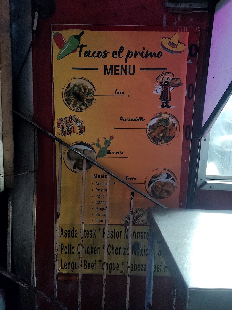 Tacos El Primo menu board