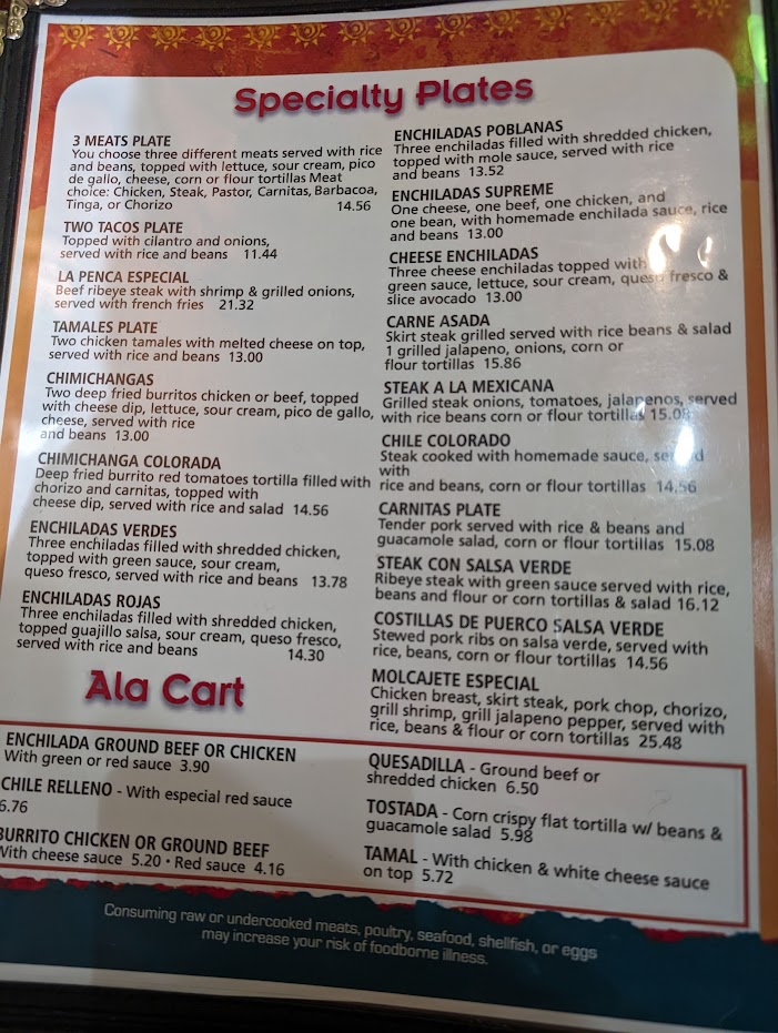 La Penca Mexican Restaurant Verona menu board