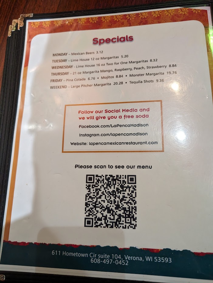 La Penca Mexican Restaurant Verona menu board