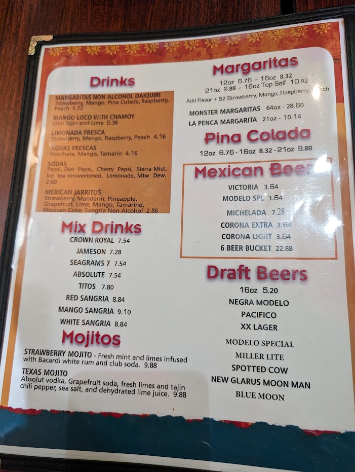 La Penca Mexican Restaurant Verona menu board