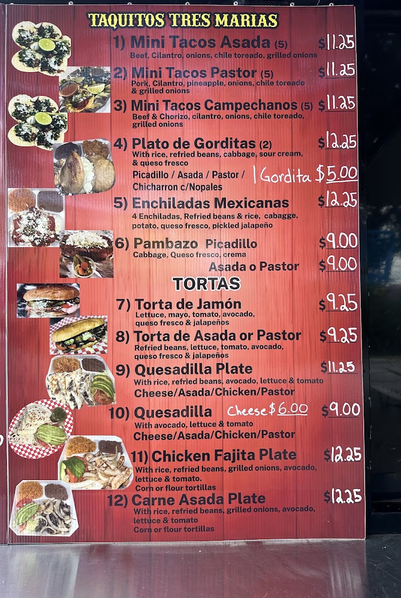 Taquitos Tres Maria's menu board