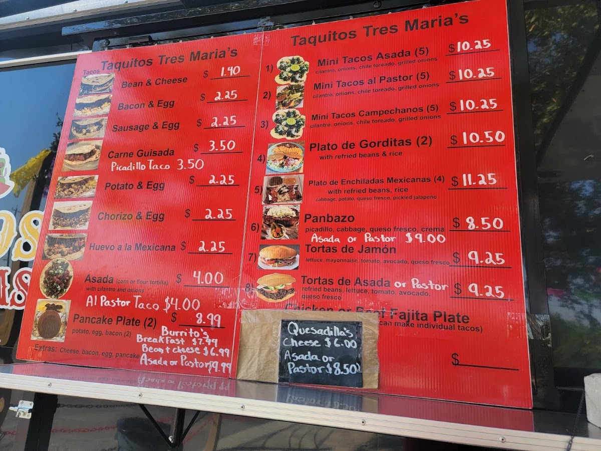 Taquitos Tres Maria's menu board