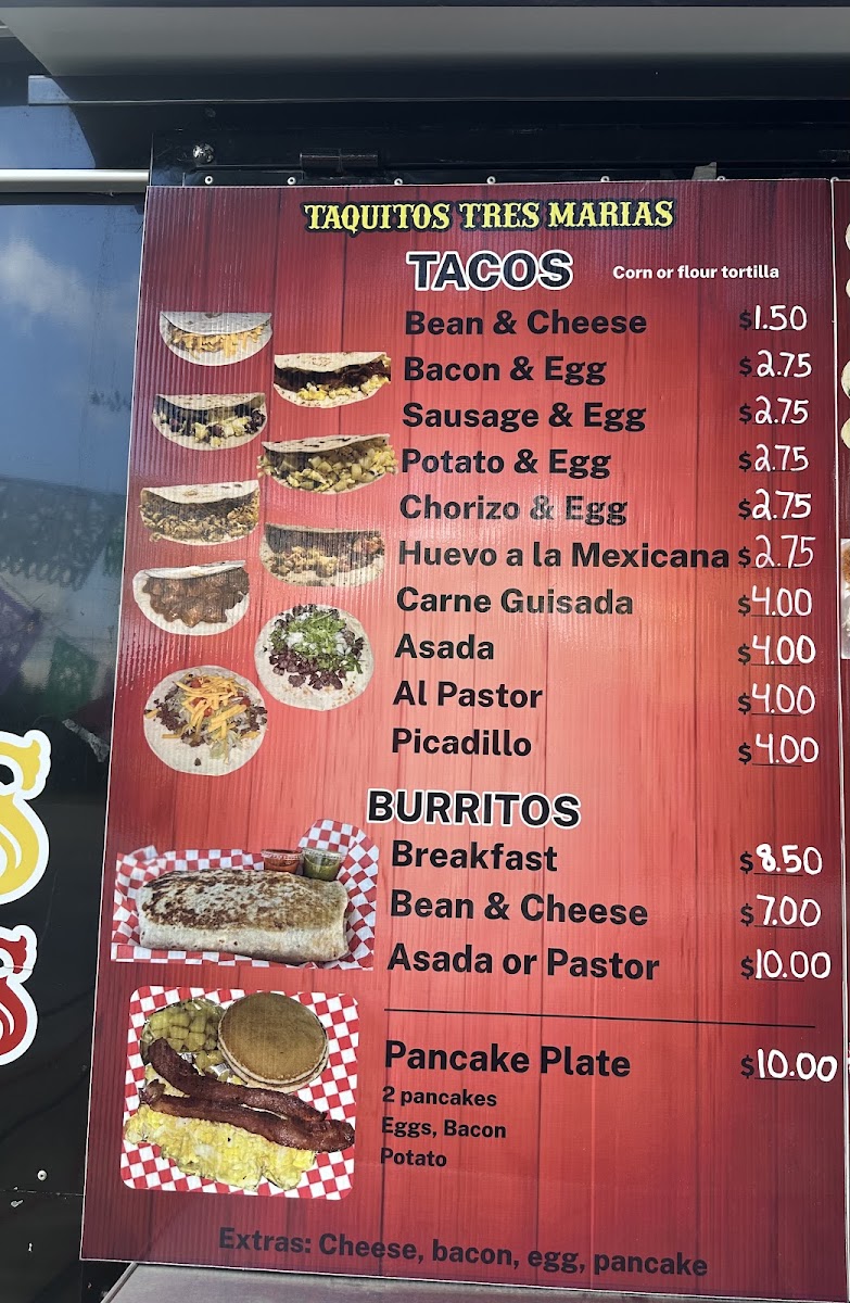 Taquitos Tres Maria's menu board