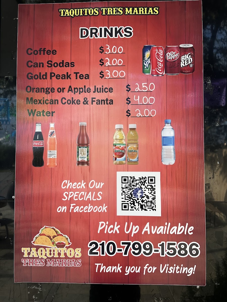 Taquitos Tres Maria's menu board