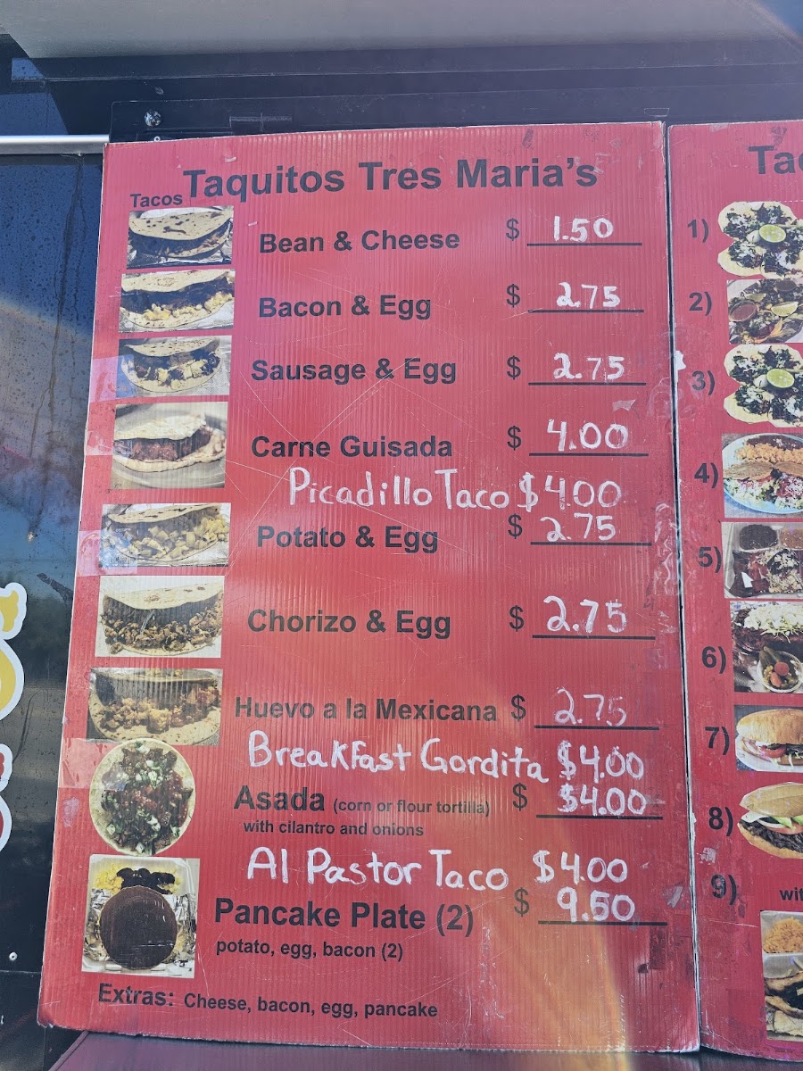 Taquitos Tres Maria's menu board