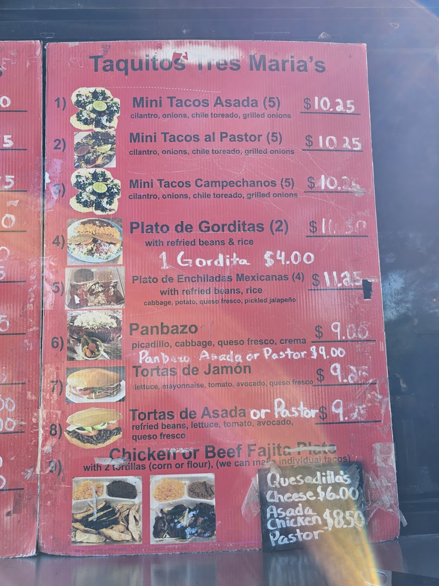 Taquitos Tres Maria's menu board